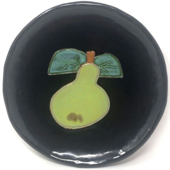 Rebecca Wood Studio GA Pottery Plate Black Glazed Hand Etched Pear Signed 7.5" - Picture 1 of 5